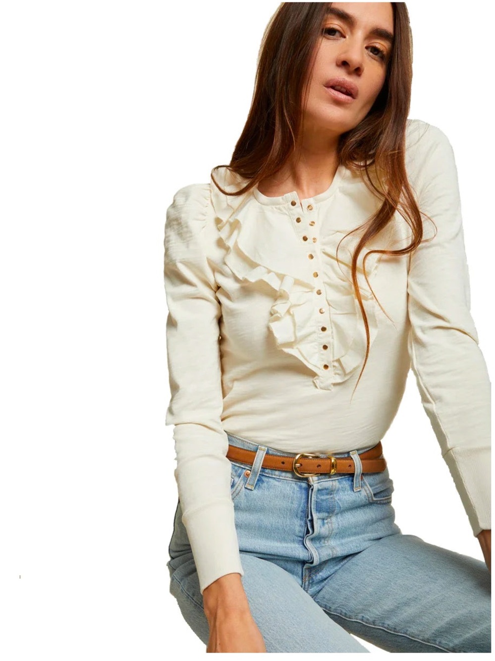 Nation LTD Tommie Frilly Henley Top in Off White 100% Cotton Small